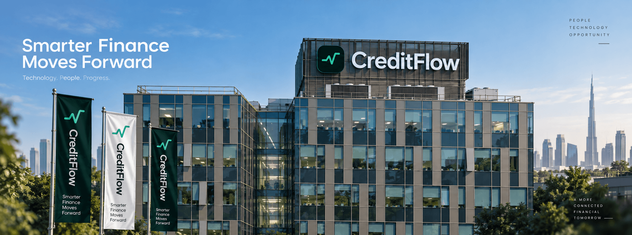 CreditFlow headquarters in Dubai with branded flags and skyline