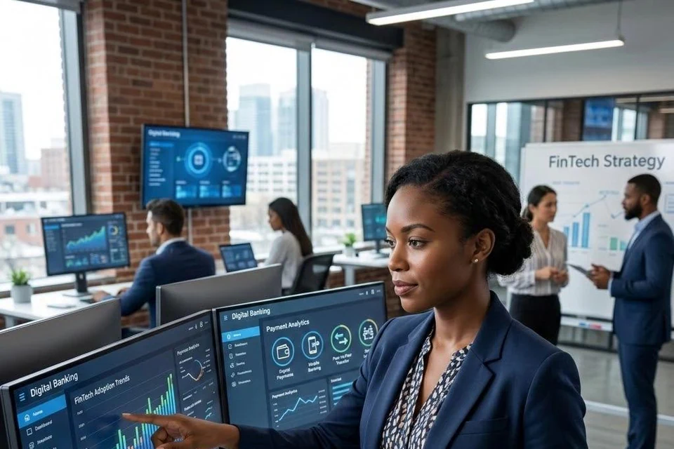 Digital banking specialist monitoring payment analytics.