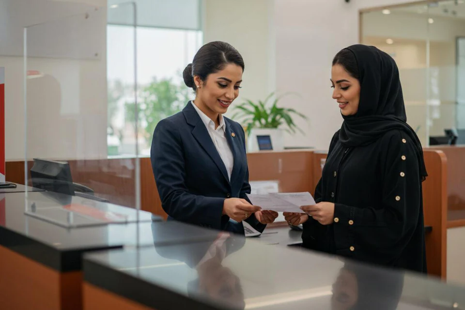 Bank employee helping a customer submit finance documents.